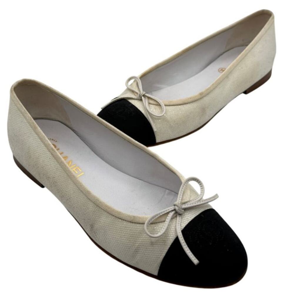 Chanel Ivory Canvas Ballet Flats with Black Cap Toe – Size 39